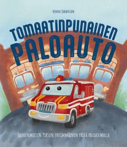 Lastenkirjan kirjan kansi, jossa punainen pieni paloauto