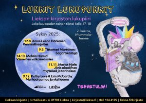 Lunkit Lukupunkit - Lieksan kirjaston lukupiirin mainos. Tapahtuman tiedot julkaisussa. Kuvituskuvana piirroskuva punkkarikoalasta.