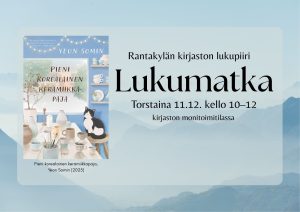 sinisävyisellä taustalla kirjan kansikuva ja tekstiä