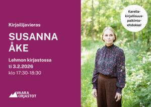 kirjailijavieraan mainos. oikealla kirjailijan valokuva ja yläkulmassa valkoinen pallura jonka sisällä teksti "karelia-kirjallisuuspalkintoehdokas". vasemmalla violetilla pohjalla valkoinen teksti jossa tiedot tapahtumapaikasta ja -ajasta.
