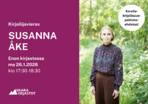 kirjailijavieraan mainos. oikealla kirjailijan valokuva ja yläkulmassa valkoinen pallura jonka sisällä teksti "karelia-kirjallisuuspalkintoehdokas". vasemmalla violetilla pohjalla valkoinen teksti jossa tiedot tapahtumapaikasta ja -ajasta.