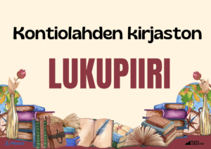 Julisteessa vaalealla pohjalla muustalla lukee kirjaston nimi, tummanpunaisella värillä lukupiiri teksti. Julisteessa alareunassa erivärisiä kirjapinoja, sininen sulkakynä, kaksi pulloa, jossa on punainen kukka, kaksi karttapalloa. 