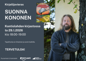 Kirjalijavieras Suonna Kononen. Konosen valokuva, pienellä kuva Konosen seuraavasta kirjasta Kadonneen humppakuution arvoitus.