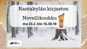 Mainos Rantakylän novellikoukusta. Kuvassa Kantele ja talvinen metsä.