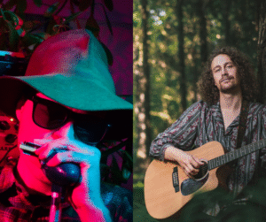 Kuvassa on yhdistetty kaksi kuvaa muusikoista. Toinen on hämyisessä valossa aurinkolasit päässä ja soittaa huuliharppua. Mies seisoo kesäisessä metsässä kitaran kanssa. 