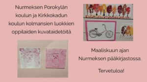 Vaaleanpunaisella pohjalla kaksi kuvaa lasten kuvataidetöistä. Toisessa on kaksi vaaleanpunaista otusta ja toisessa on polkupyörä ja värikkäitä puita,