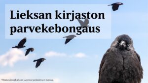 Kuvassa on teksti: Lieksan kirjaston parvekebongaus. Kuvassa on taivasta, jossa lentä 6 naakkaa. Lisäksi kuvan etualalla on istuva naakka.
