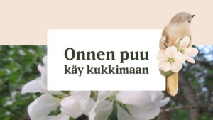 Kuvassa on valokuva, jossa on kukkiva puu. Keskellä suorakulmainen tekstialue, jossa lukee “Onnen puu käy kukkimaan”. Oikealla piirroskuva, jossa puun oksalla istuu pieni lintu, oksan ympärillä kukkia