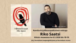 Kuva kirjailija Riko Saatsista ja hänen kirjansa Yönistujat-kannesta.