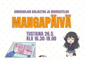 Tapahtuman tiedot kuvatiedostona. Kuvituksena mangahahmo sekä piirustusvihko.