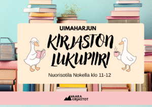 Vaaleanpunaista ja vaaleansinistä taustaa jossa kirjapinoja. Etualalla keltaisen laatikon sisällä musta teksti "uimaharjun kirjaston lukupiiri". Tekstin molemmin puolin kaksi piirrettyä valkoista ankkaa jotka lukevat vaaleanpunaisia kirjoja.