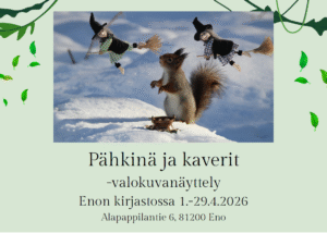 Kuvassa orava lumihangella. Ihastelee yläpuolellaan olevia pääsiäisnoitakoristeita.