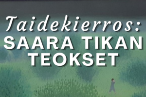 Vihreäsävyinen maalaus, jossa henkilö kävelee pajukoiden keskellä