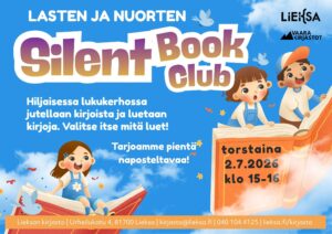 Lasten ja nuorten Silent Book Clubin mainos. Tapahtuman tiedot julkaisussa. Kuvituskuvana piirroskuvia lapsista, jotka lentävät kirjojen päällä. Taustalla kuva taivaasta, jossa poutapilviä.