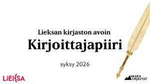Kuvassa lukee: Lieksan kirjaston avoin kirjoittajapiiri syksy 2026. Lieksan ja Vaara-kirjastojen logot. Kuvituskuvana valokuva lyijykynästä.