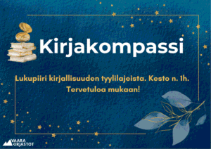 Sinisellä pohjalla keltaisia tähtiä sekä kirjapinon päällä kompassi. Alakulmassa lehtioksa. Tapahtuman nimi Kirjakompassi