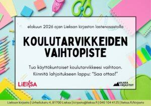 Koulutarvikkeiden vaihtopisteen mainos. Tapahtuman tiedot julkaisun tekstissä. Taustakuvana valokuva koulutarvikkeista.