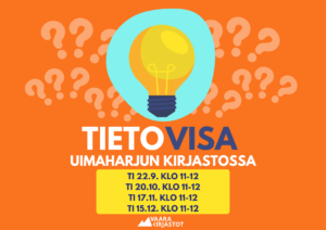 Tapahtuman tiedot kuvatiedostona. Oranssi tausta ja keltainen hehkulamppu tekstin yläpuolella.