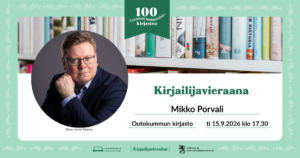 Tapahtuman julisteessa kuva kirjailijasta ja tapahtuman aika ja paikka sekä Lukukeskuksen 100 kirjastoa, tuhansia kohtaamisia -hankkeen logo