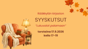 Syyssävyinen kuva nojatuolista jossa kirjoja ja lukulamppu. Vaahteranlehtiä.