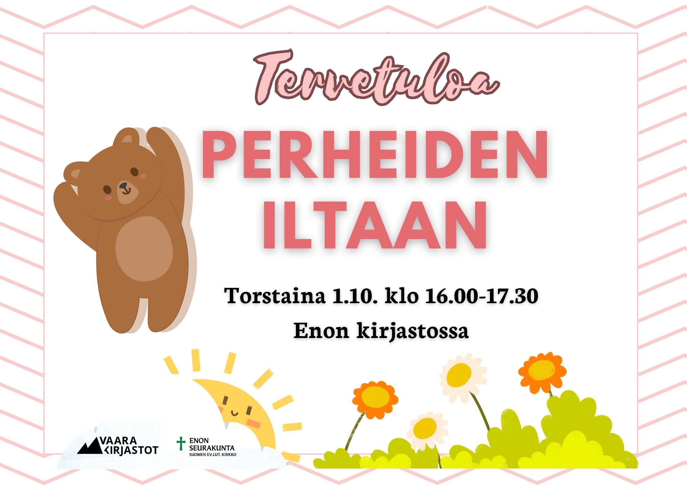 Kuvassa tapahtuman otsikko, nalle, aurinko ja kukkia vaalealla taustalla.