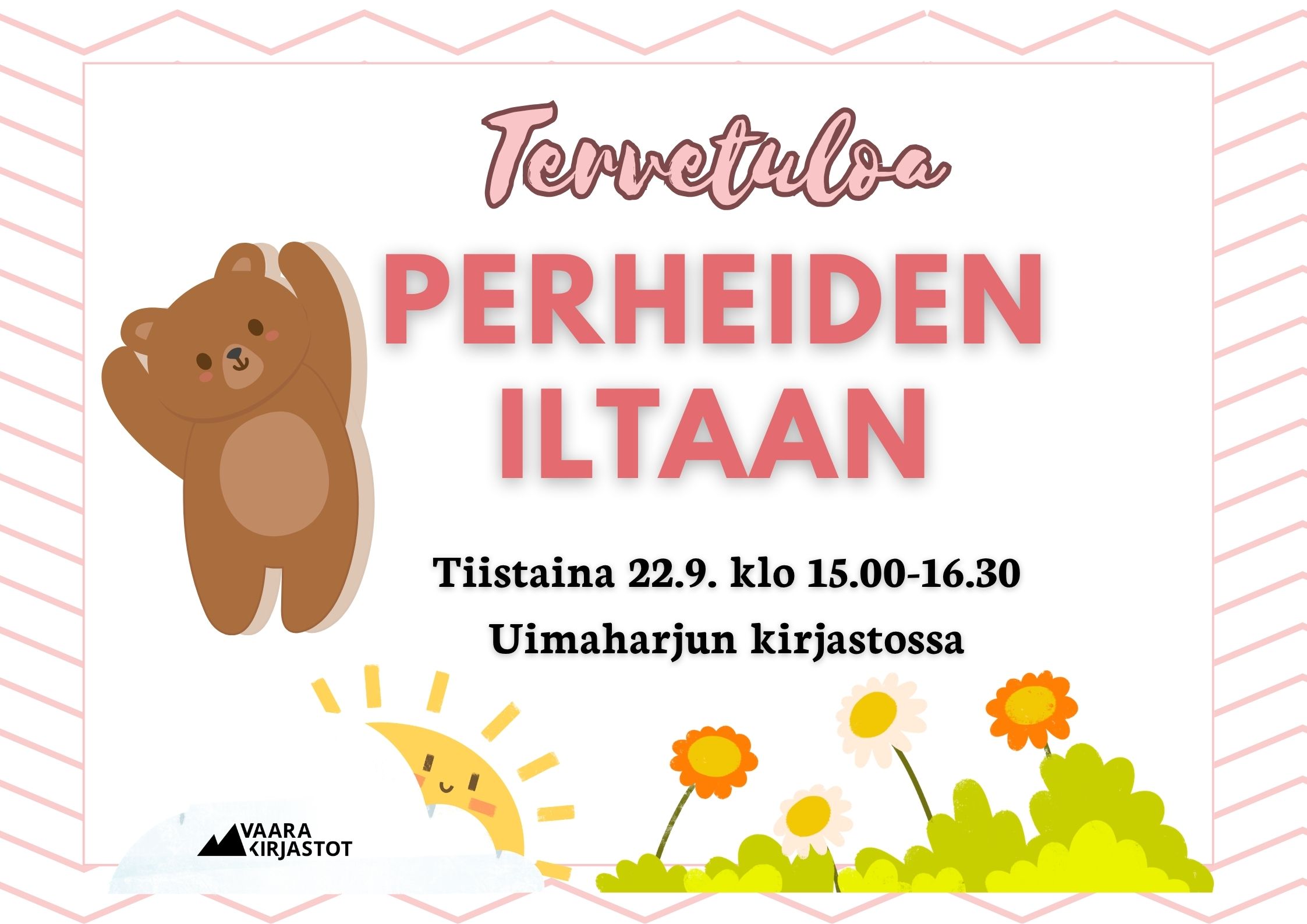 Kuvassa tapahtuman nimi, kuva nallesta, auringosta ja kukista vaalealla taustalla